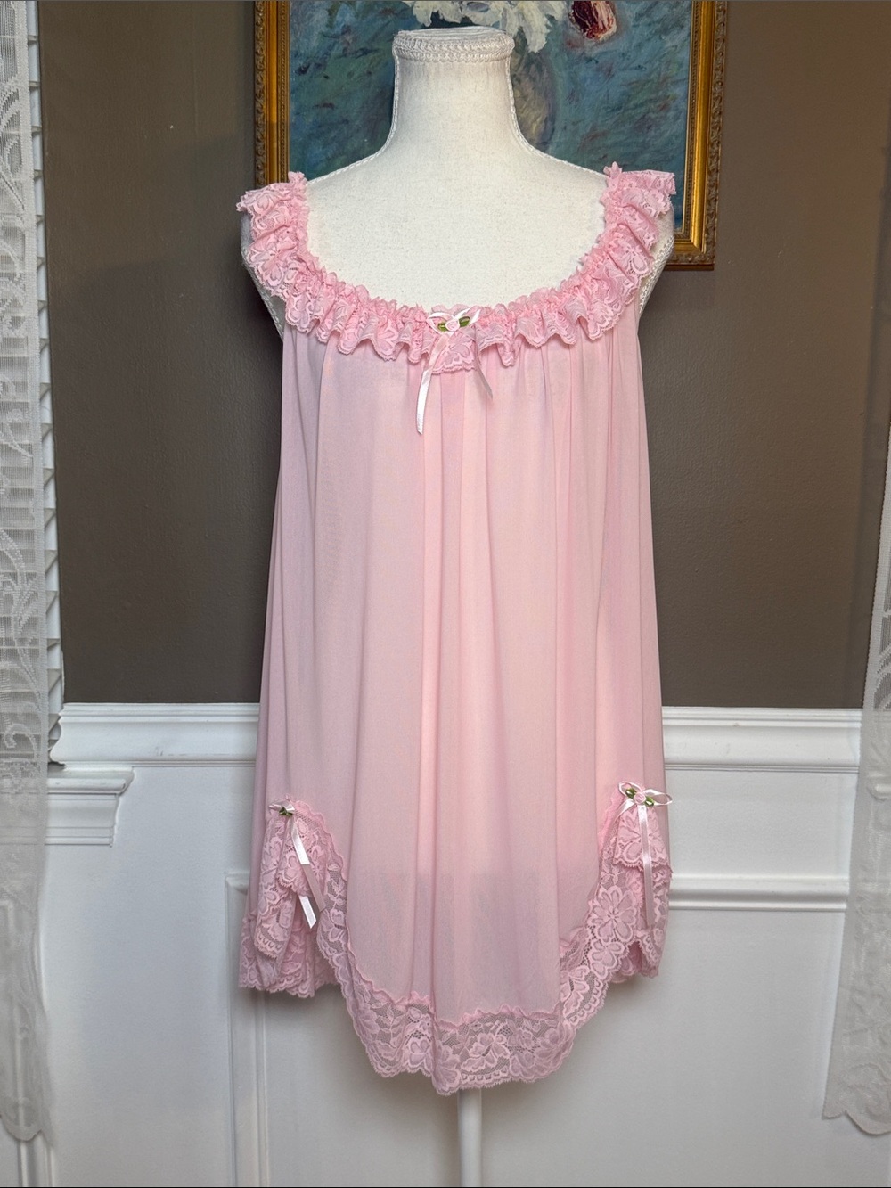 Pink Sheer Lace Babydoll Nightgown Rosette Ruffle Lingerie Slip S